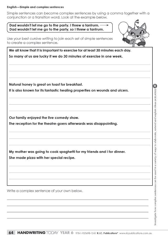 Handwriting Today Year 6 English - Simple and complex sentences